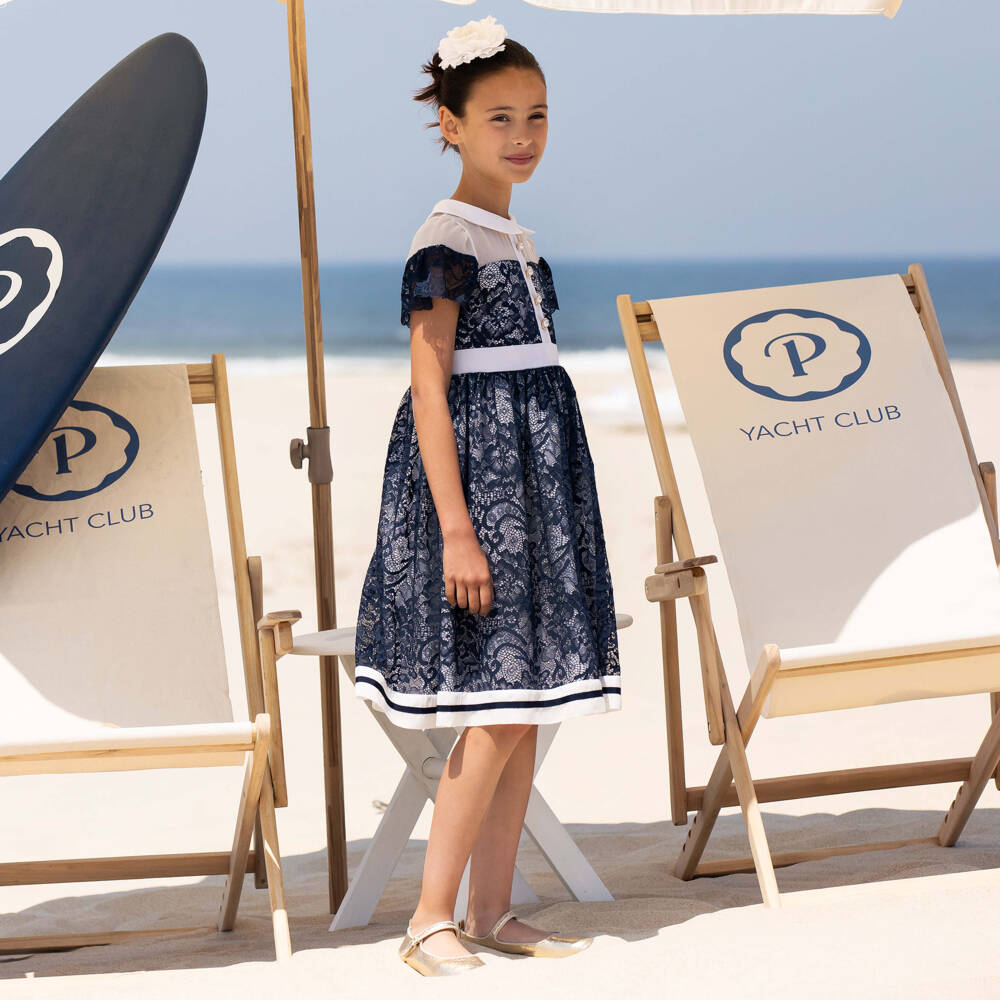 Patachou-فستان بناتي أزرق دانتيل وشيفون عاجي فاخر | Childrensalon Outlet