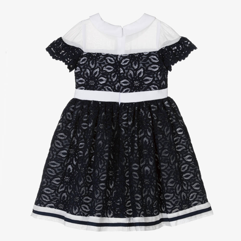 Patachou-فستان بناتي أزرق دانتيل وشيفون عاجي فاخر | Childrensalon Outlet
