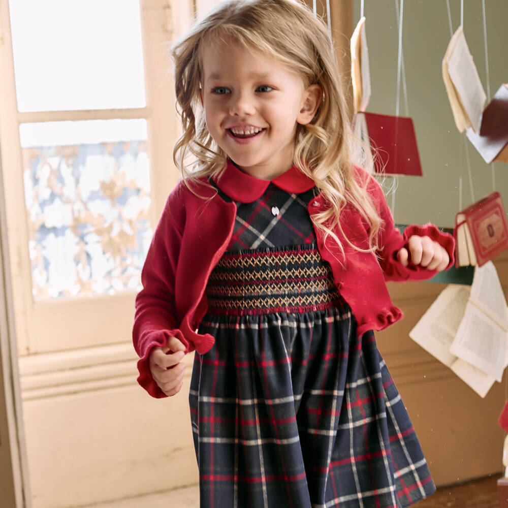 Patachou-Girls Navy Tartan Smocked Dress | Childrensalon Outlet