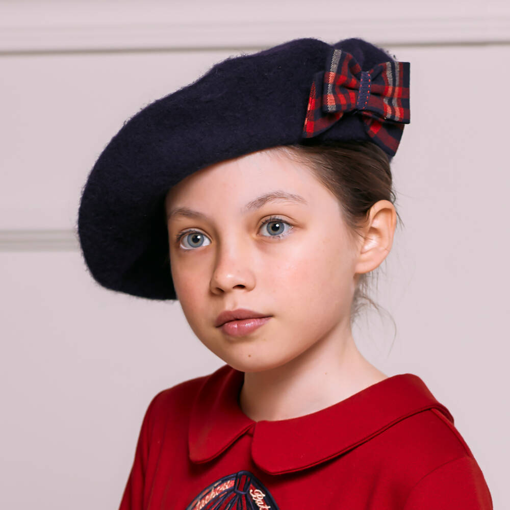 Patachou-Girls Navy Wool Plaid Bow Hat | Childrensalon Outlet