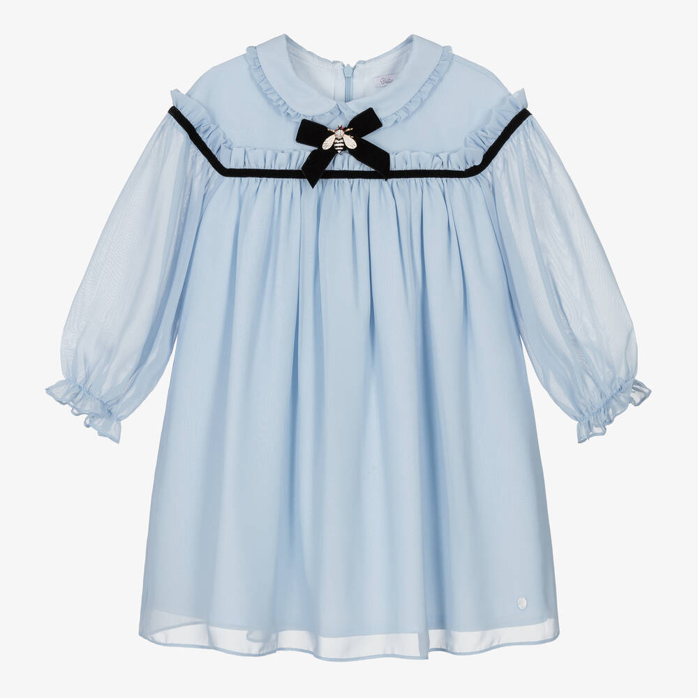 Patachou - Girls Pale Blue Chiffon & Velvet Dress | Childrensalon