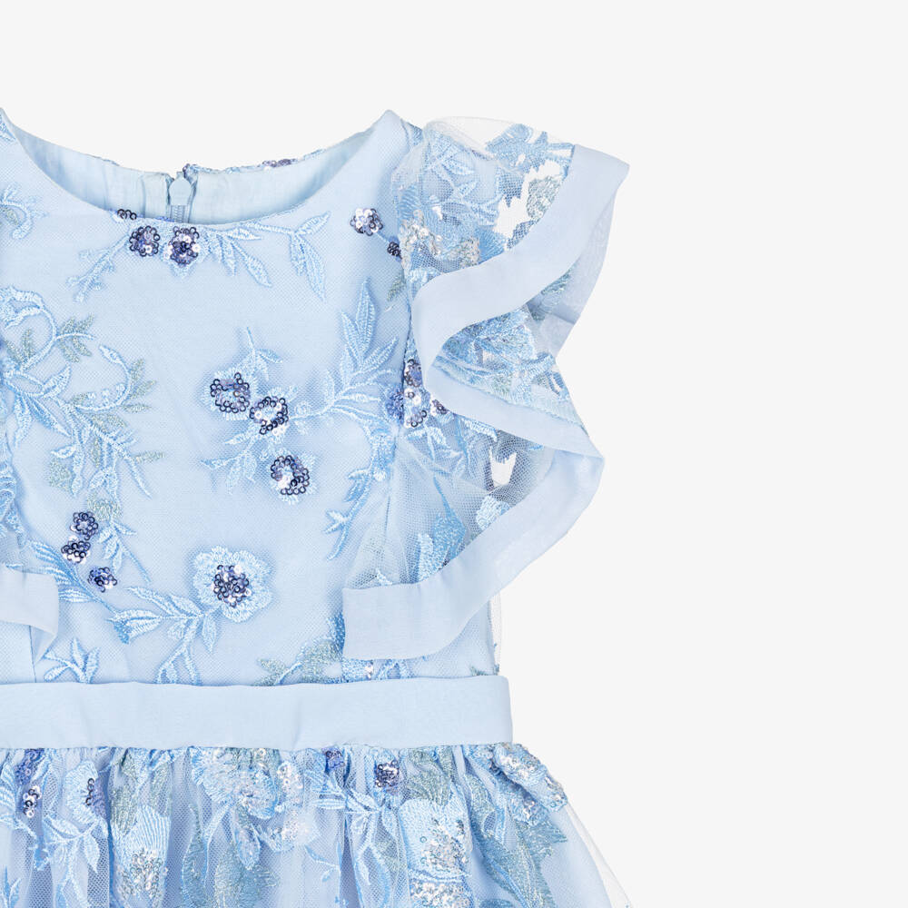 Patachou-Girls Pale Blue Embroidered Floral Tulle Dress | Childrensalon Outlet