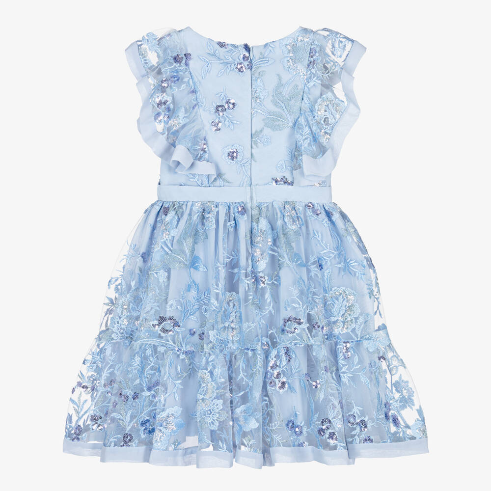 Patachou-Girls Pale Blue Embroidered Floral Tulle Dress | Childrensalon Outlet