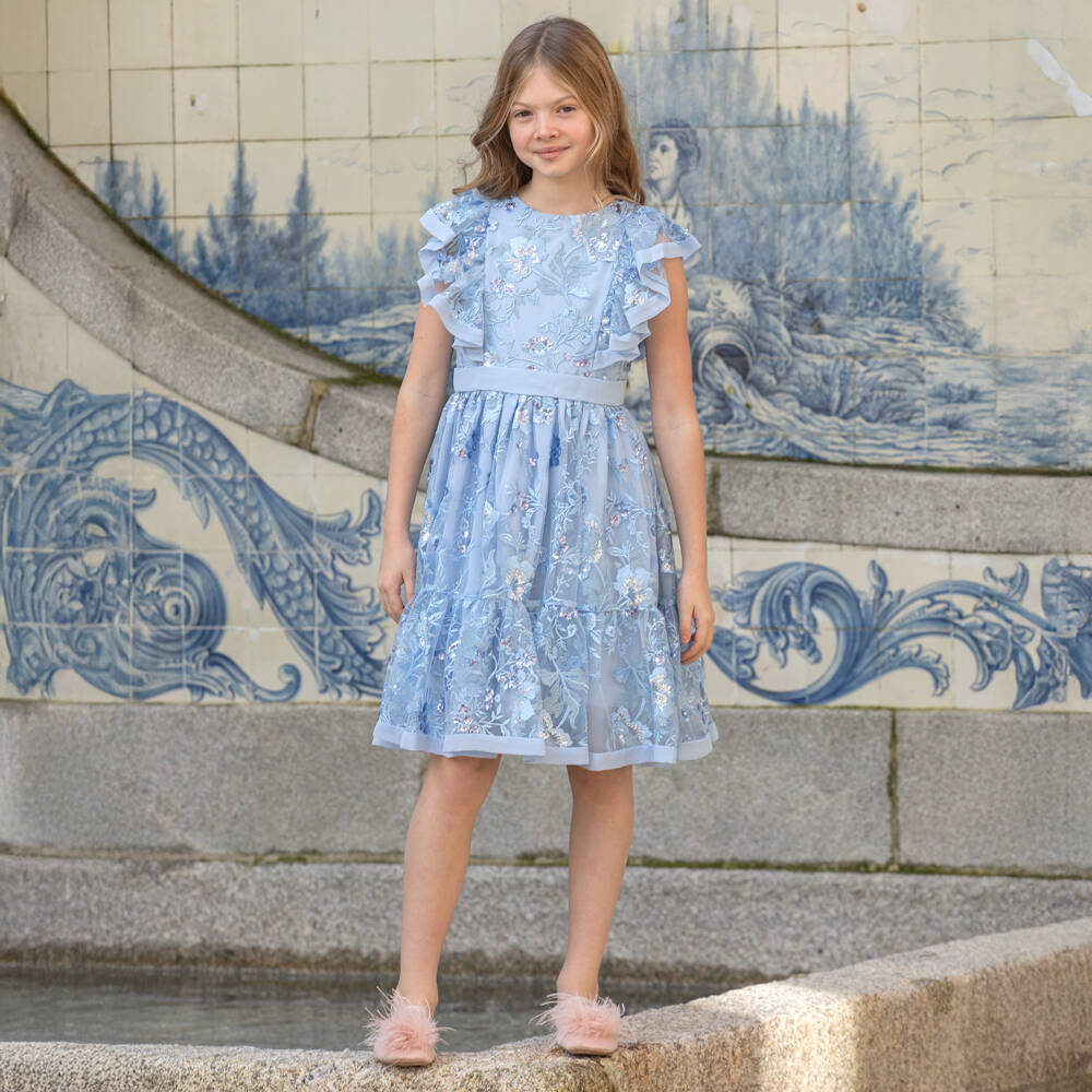 Patachou-Girls Pale Blue Embroidered Floral Tulle Dress | Childrensalon Outlet
