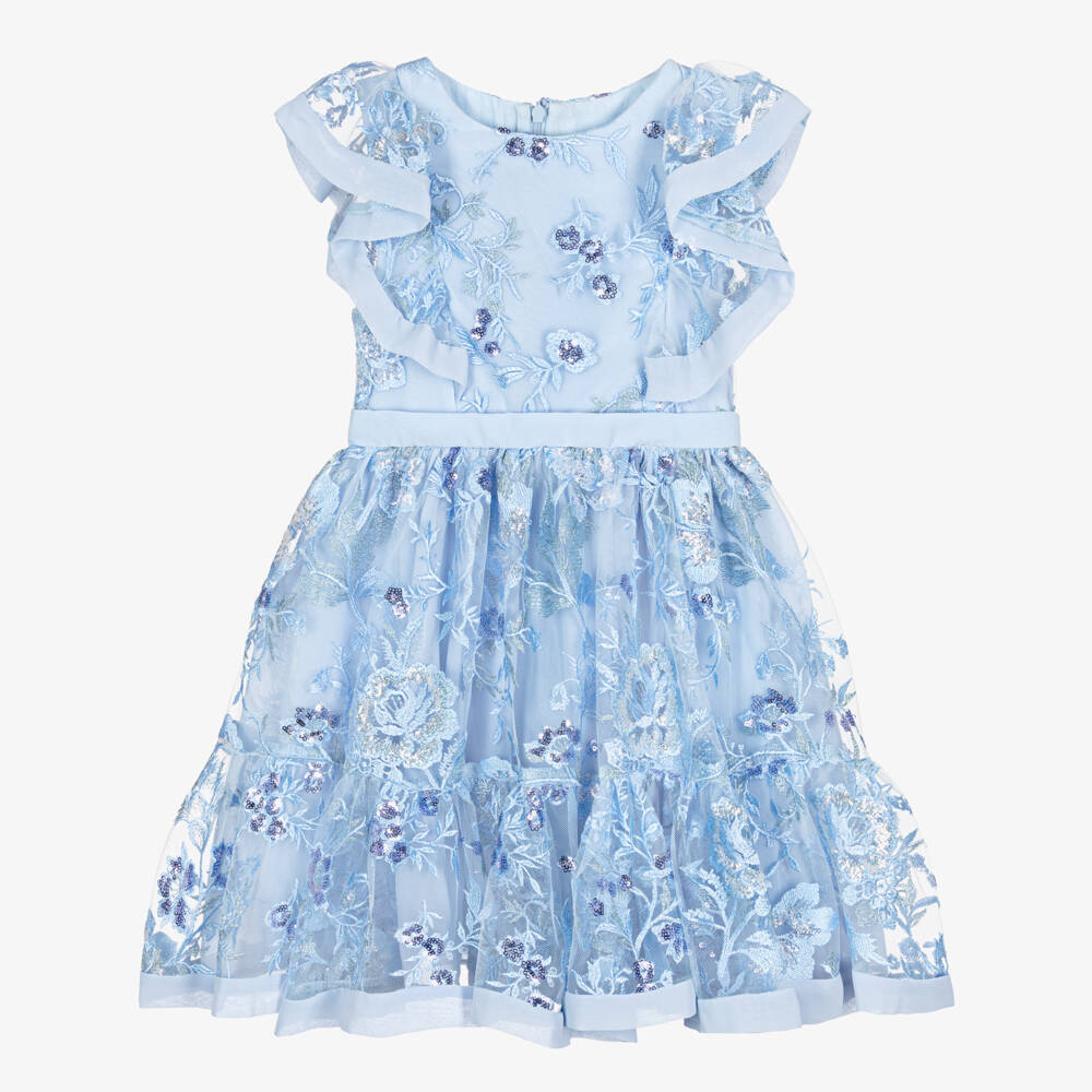 Patachou-Girls Pale Blue Embroidered Floral Tulle Dress | Childrensalon Outlet