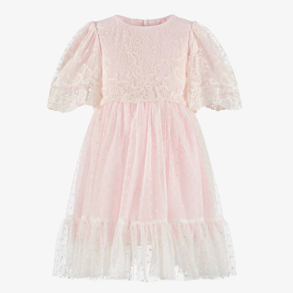 Patachou-Girls Pale Pink Chiffon Dress with Ivory Lace Overlay | Childrensalon Outlet