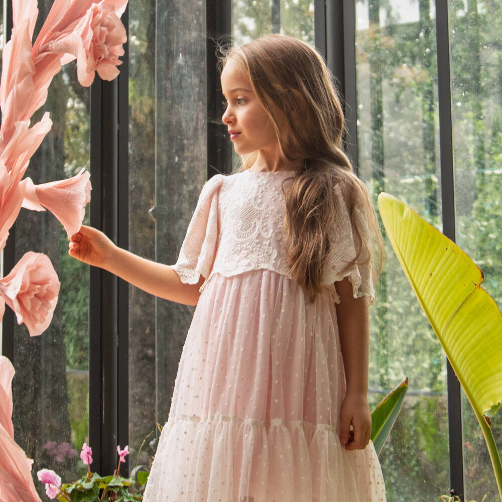 Patachou-Girls Pale Pink Chiffon Dress with Ivory Lace Overlay | Childrensalon Outlet