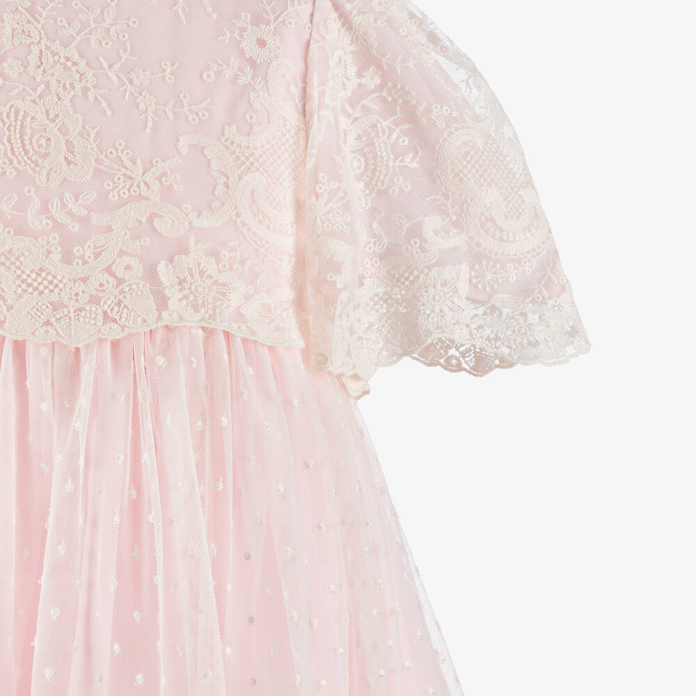 Patachou-Girls Pale Pink Chiffon Dress with Ivory Lace Overlay | Childrensalon Outlet