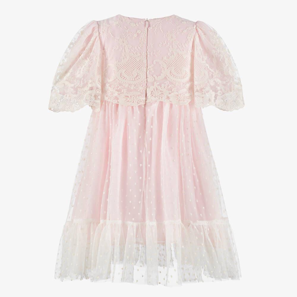 Patachou-Girls Pale Pink Chiffon Dress with Ivory Lace Overlay | Childrensalon Outlet