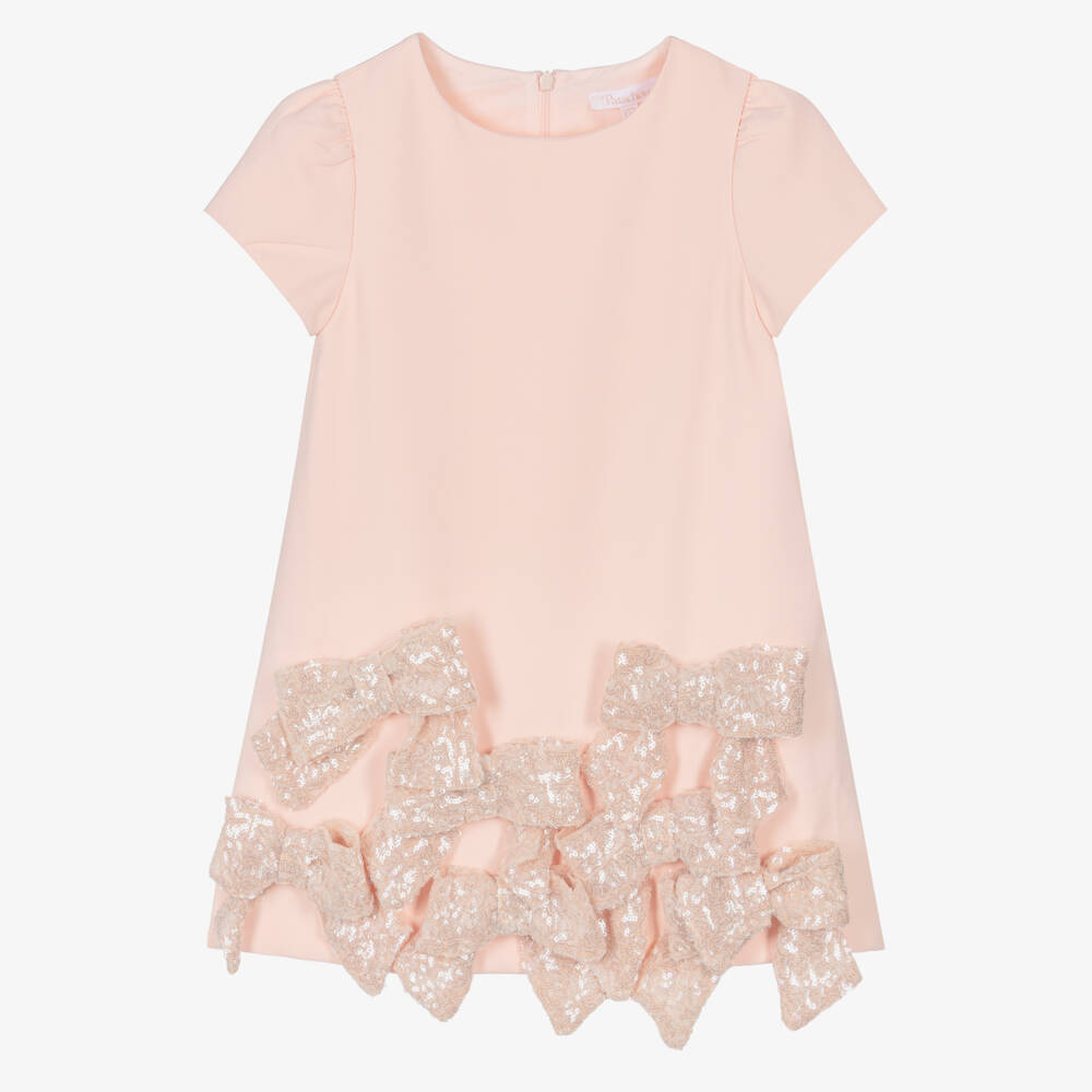 Patachou-Girls Pale Pink Crêpe Dress with Sequin Bows | Childrensalon Outlet