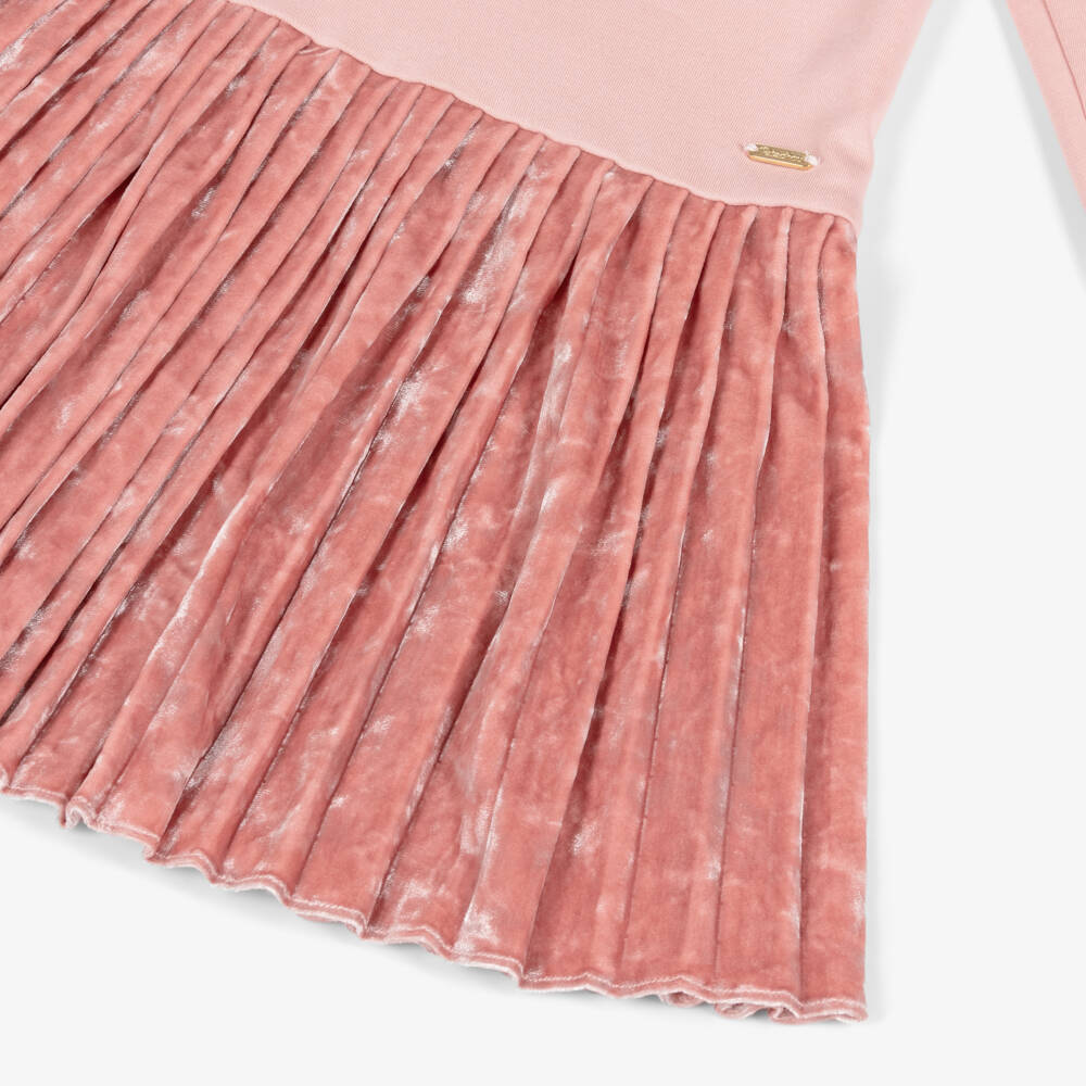 Patachou-Girls Pale Pink Jersey & Crushed Velour Dress with Pleats | Childrensalon Outlet