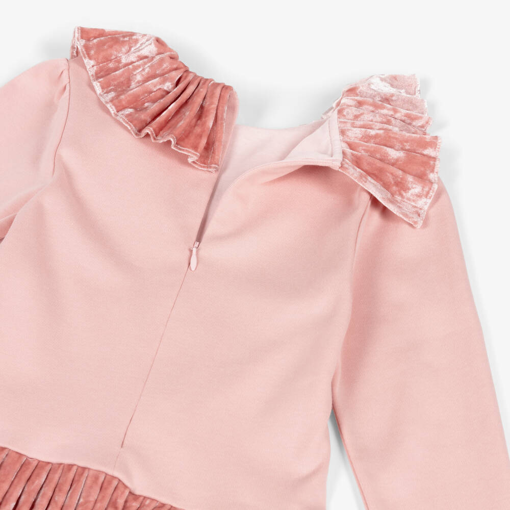 Patachou-Girls Pale Pink Jersey & Crushed Velour Dress with Pleats | Childrensalon Outlet