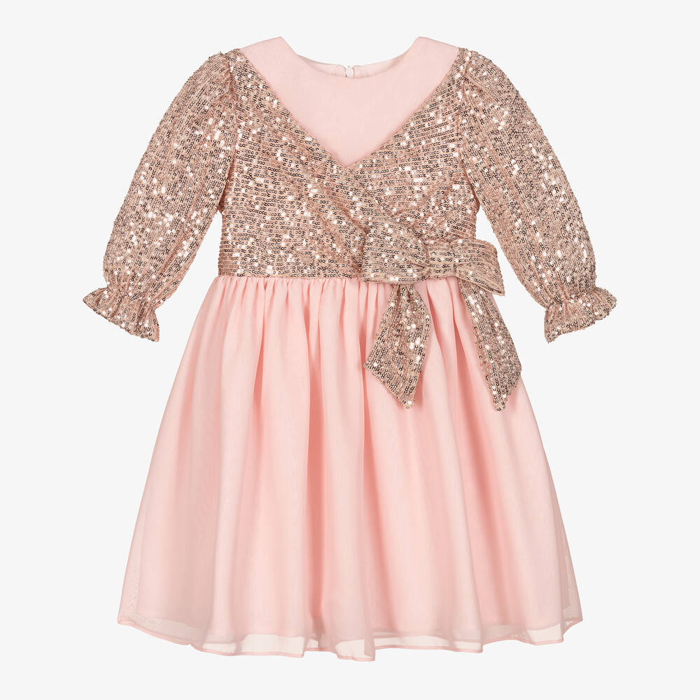 Patachou - Girls Pale Pink Sequin Bow Dress | Childrensalon