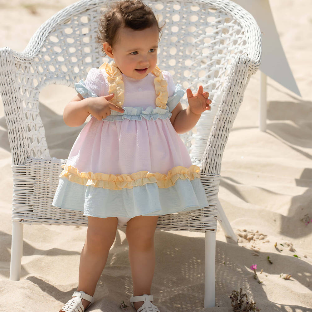 Patachou-Girls Pastel Pink & Blue Cotton Seersucker Dress | Childrensalon Outlet
