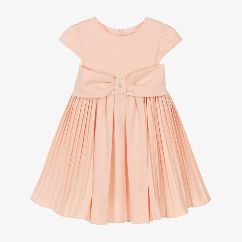 Patachou-Girls Peach Pink Bow Pleated Crêpe Dress | Childrensalon Outlet