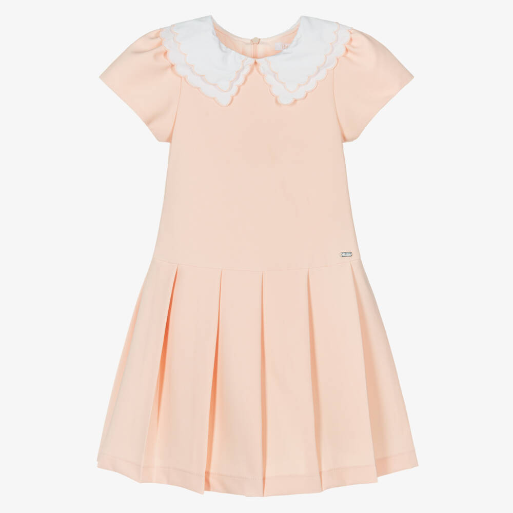 Patachou-Girls Peach Pink Crêpe Dress with White Scalloped Collar | Childrensalon Outlet