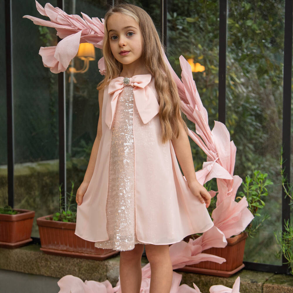 Patachou-Girls Peach Pink Sequinned Dress with Chiffon Overlay | Childrensalon Outlet
