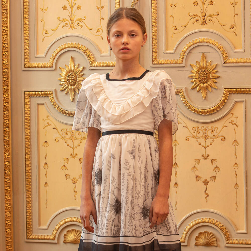 Patachou-Girls Peach Ruffle Chiffon Dress with Black Floral Print | Childrensalon Outlet