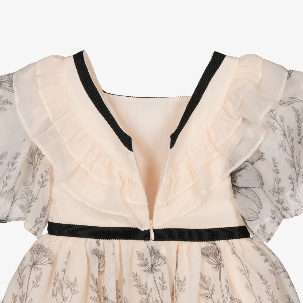 Patachou-Girls Peach Ruffle Chiffon Dress with Black Floral Print | Childrensalon Outlet
