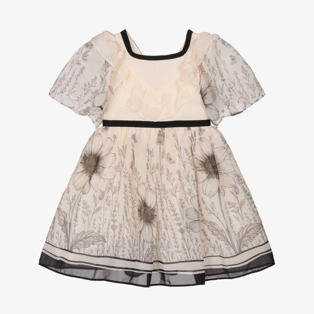 Patachou-Girls Peach Ruffle Chiffon Dress with Black Floral Print | Childrensalon Outlet