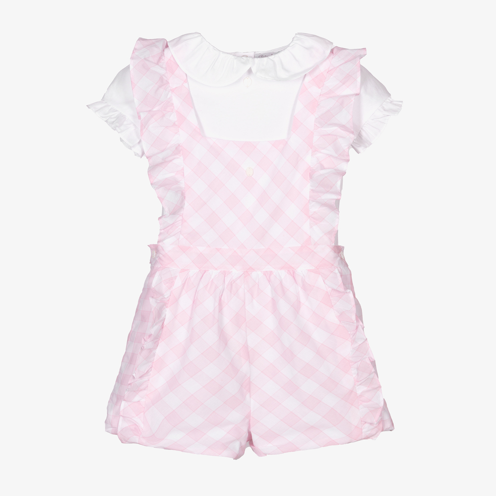 Patachou - Rosa kariertes Latzhosen-Set (M) | Childrensalon