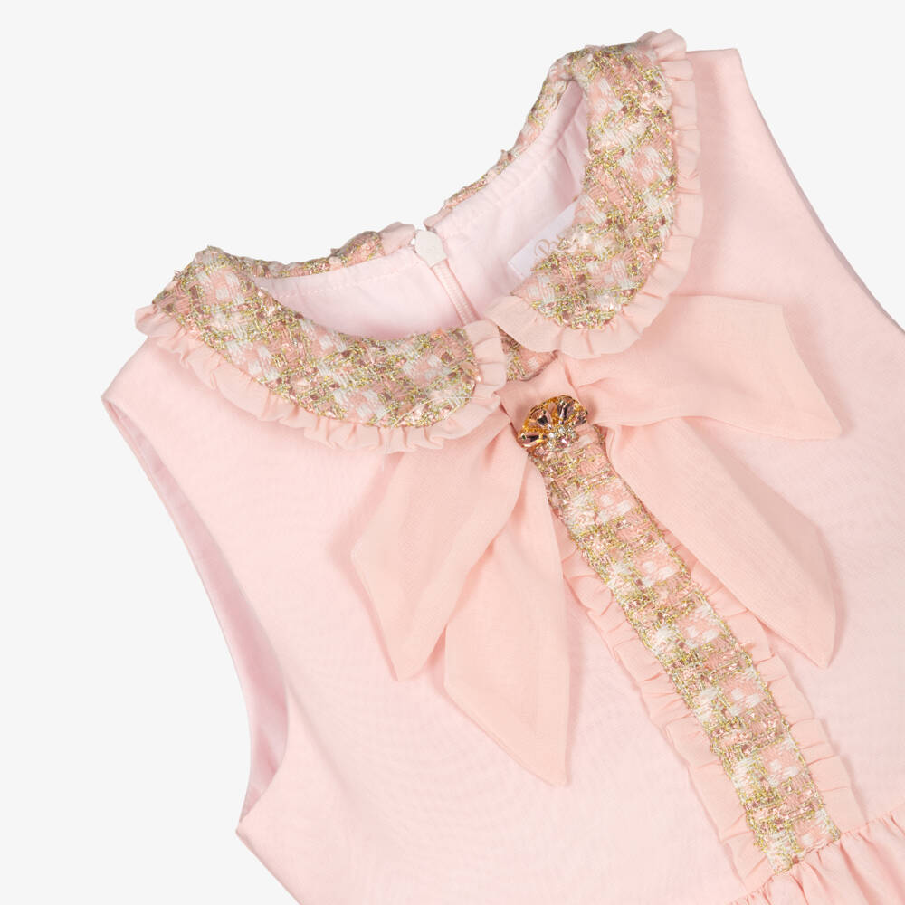 Patachou-Girls Pink Chiffon Bow Dress with Tweed Trims | Childrensalon Outlet