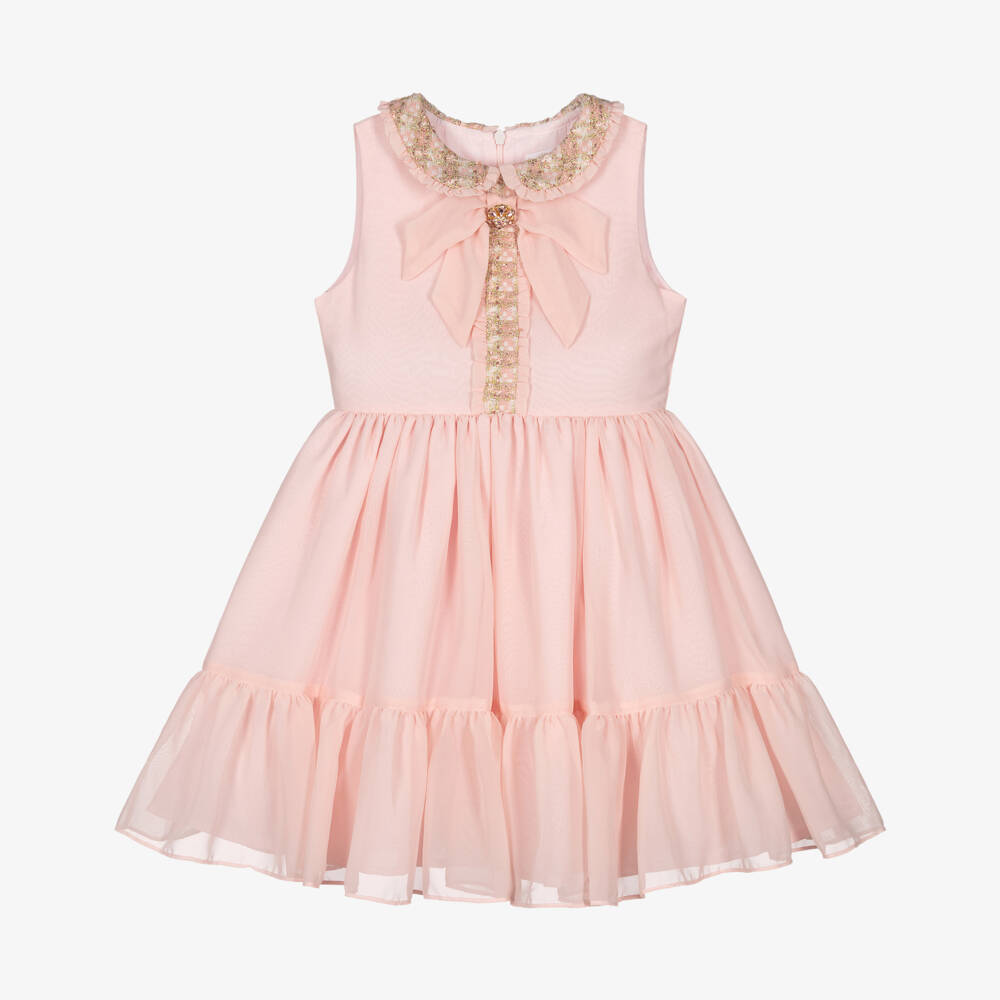 Patachou-Girls Pink Chiffon Bow Dress with Tweed Trims | Childrensalon Outlet