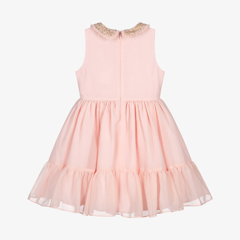 Patachou-Girls Pink Chiffon Bow Dress with Tweed Trims | Childrensalon Outlet
