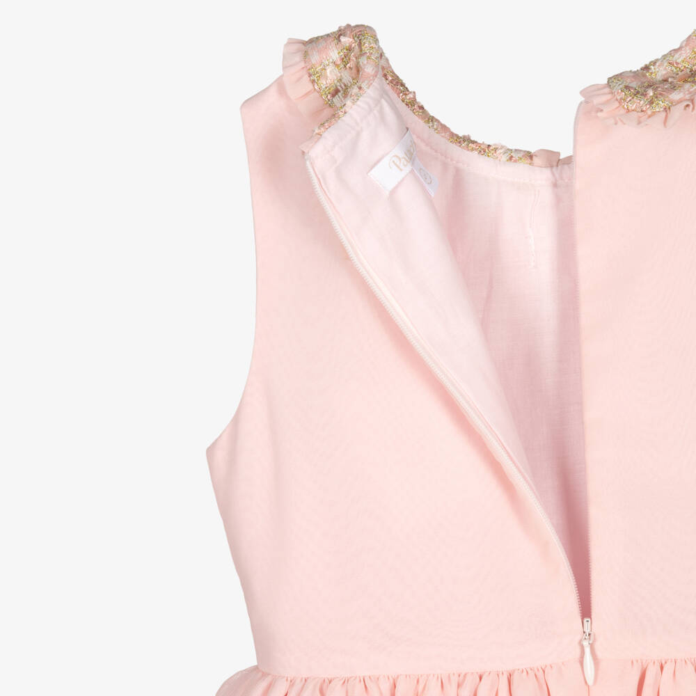 Patachou-Girls Pink Chiffon Bow Dress with Tweed Trims | Childrensalon Outlet