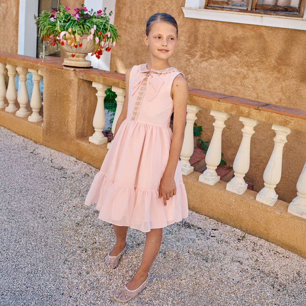 Patachou-Girls Pink Chiffon Bow Dress with Tweed Trims | Childrensalon Outlet