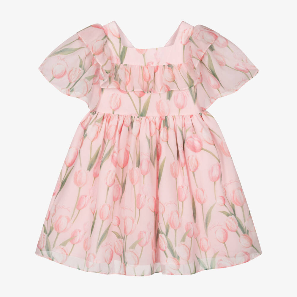 Patachou-Girls Pink Chiffon Tulip Print Dress | Childrensalon Outlet
