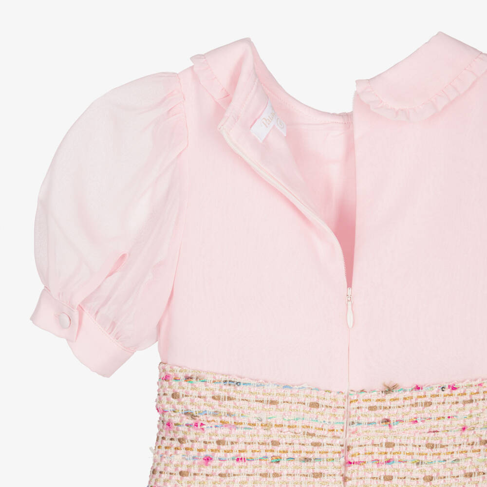 Patachou-Girls Pink Chiffon & Tweed Dress with Jewelled Buttons | Childrensalon Outlet