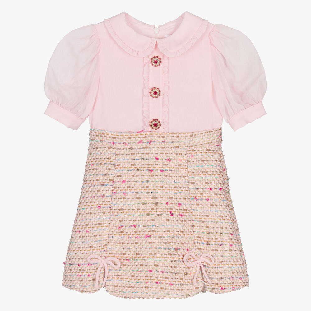 Patachou-Girls Pink Chiffon & Tweed Dress with Jewelled Buttons | Childrensalon Outlet