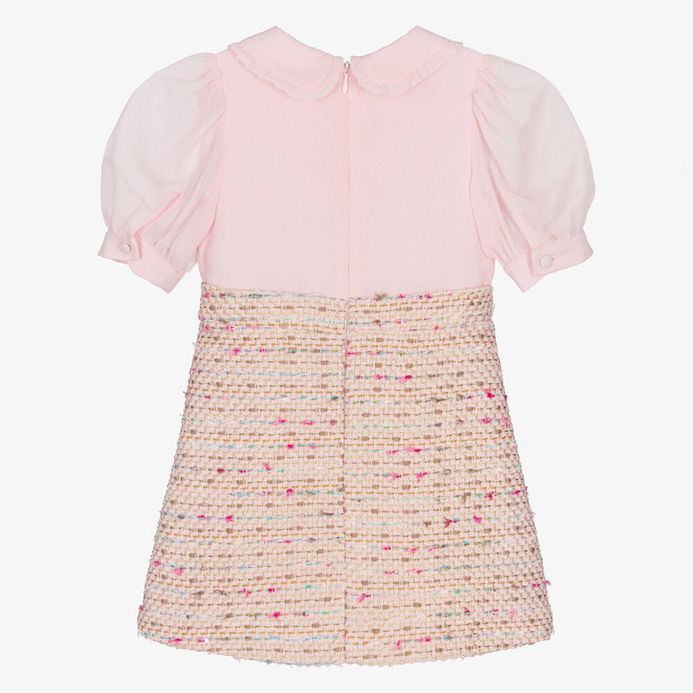 Patachou-Girls Pink Chiffon & Tweed Dress with Jewelled Buttons | Childrensalon Outlet