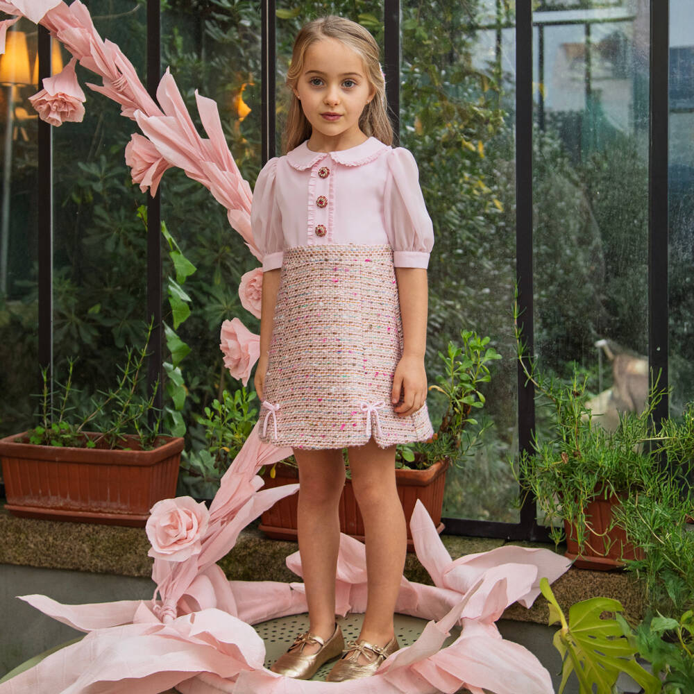 Patachou-Girls Pink Chiffon & Tweed Dress with Jewelled Buttons | Childrensalon Outlet