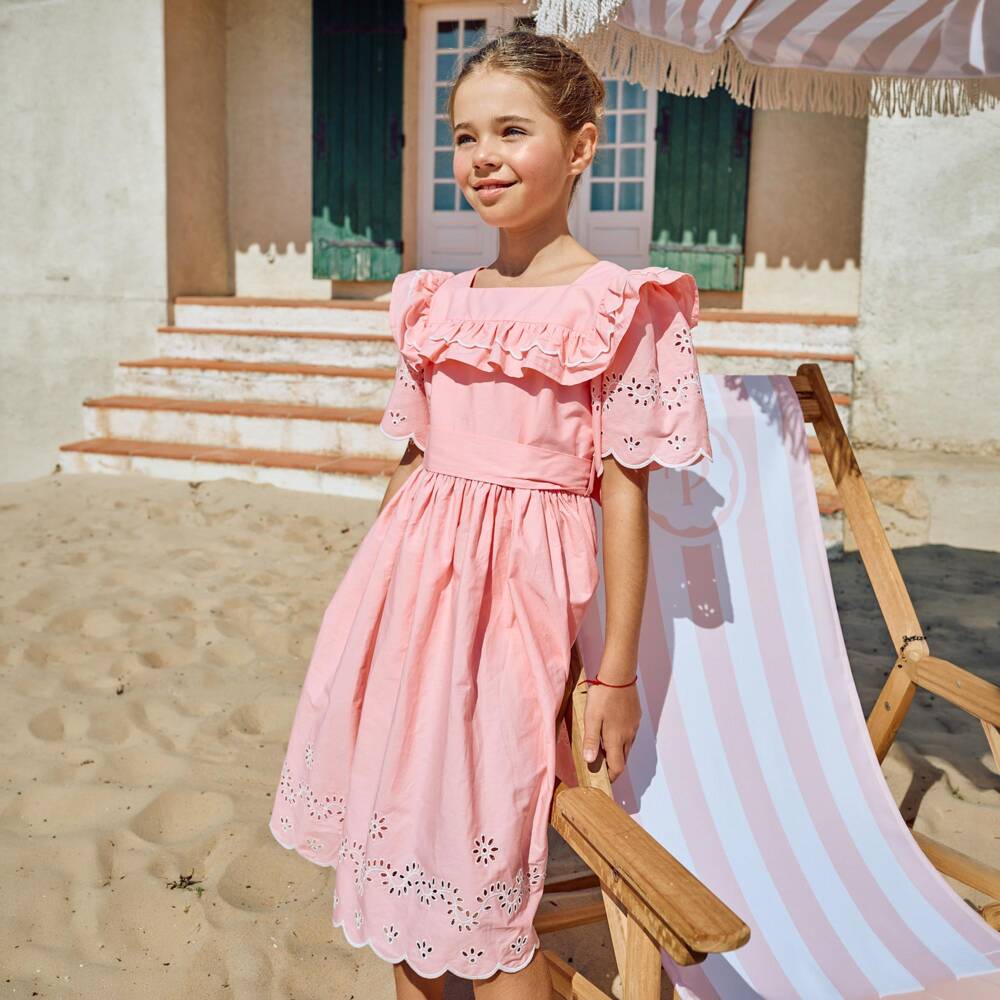 Patachou-Girls Pink Cotton Dress with White Floral Cut Work | Childrensalon Outlet