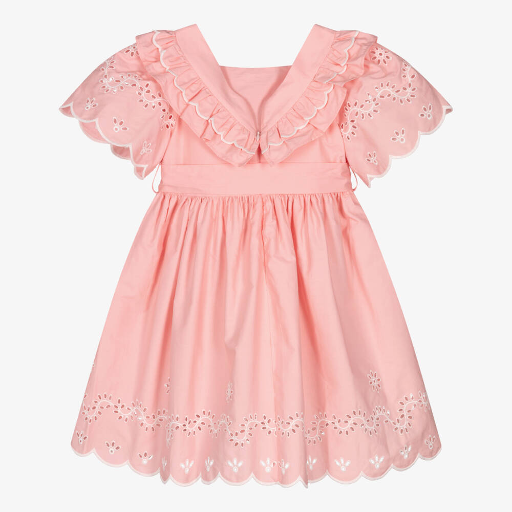 Patachou-Girls Pink Cotton Dress with White Floral Cut Work | Childrensalon Outlet
