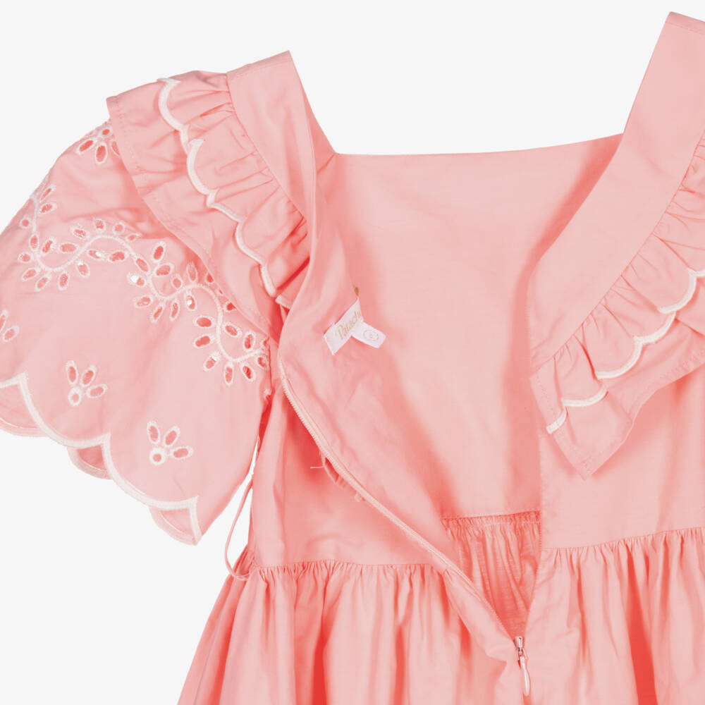 Patachou-Girls Pink Cotton Dress with White Floral Cut Work | Childrensalon Outlet