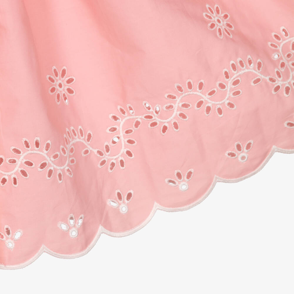Patachou-Girls Pink Cotton Dress with White Floral Cut Work | Childrensalon Outlet