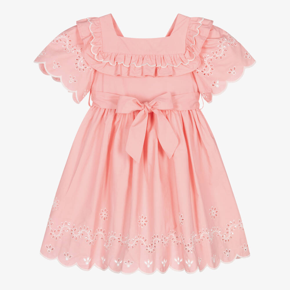 Patachou-Girls Pink Cotton Dress with White Floral Cut Work | Childrensalon Outlet