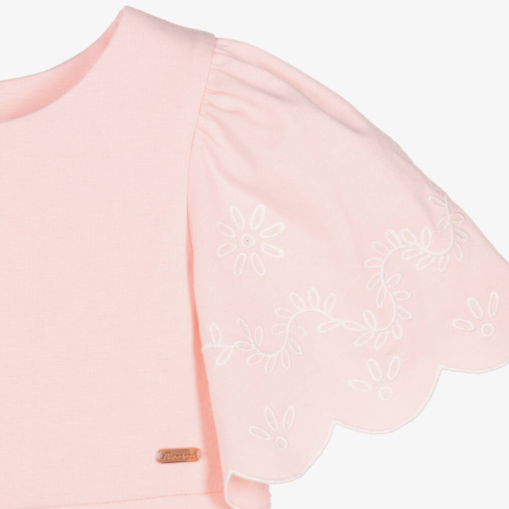 Patachou-Girls Pink Cotton Jersey Dress with Embroidered Sleeves | Childrensalon Outlet