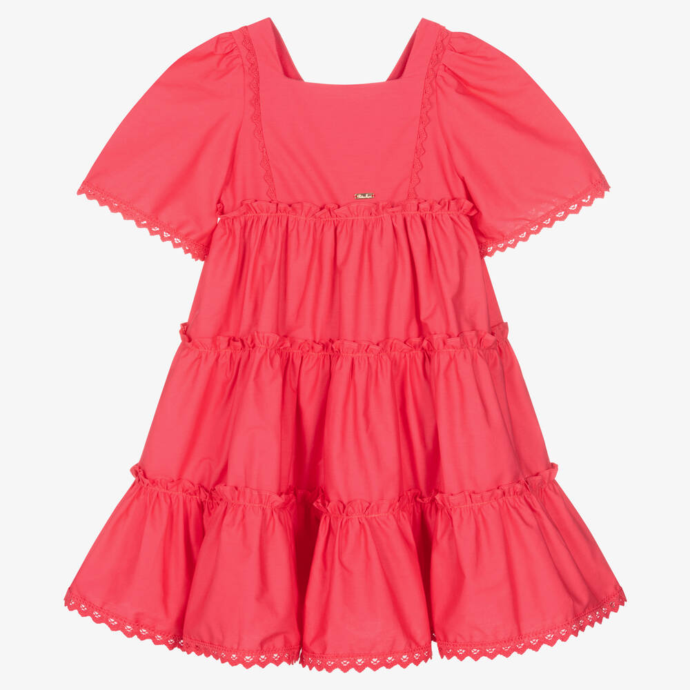 Patachou - Girls Pink Cotton Poplin Tiered Dress | Childrensalon