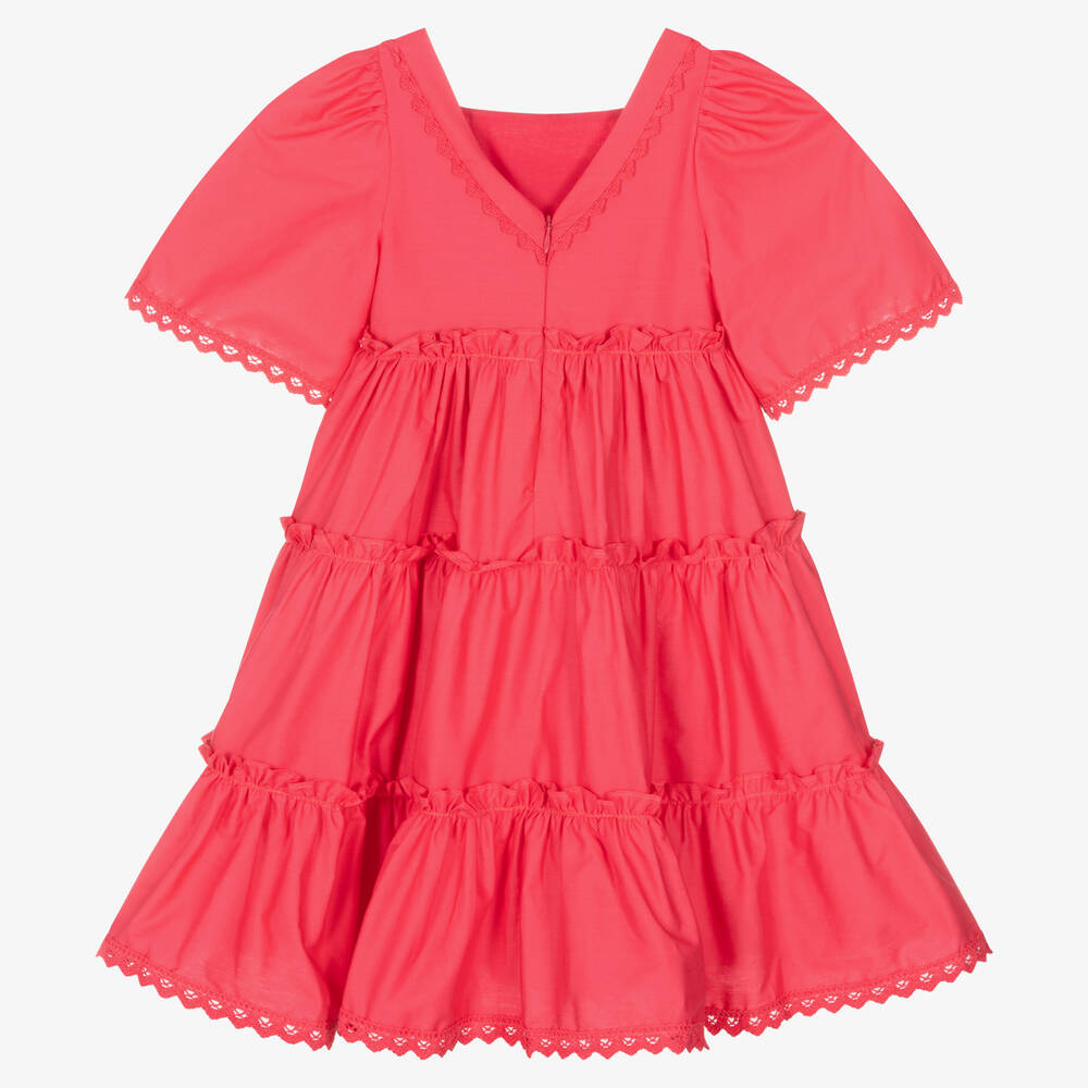 Patachou-Girls Pink Cotton Poplin Tiered Dress | Childrensalon Outlet
