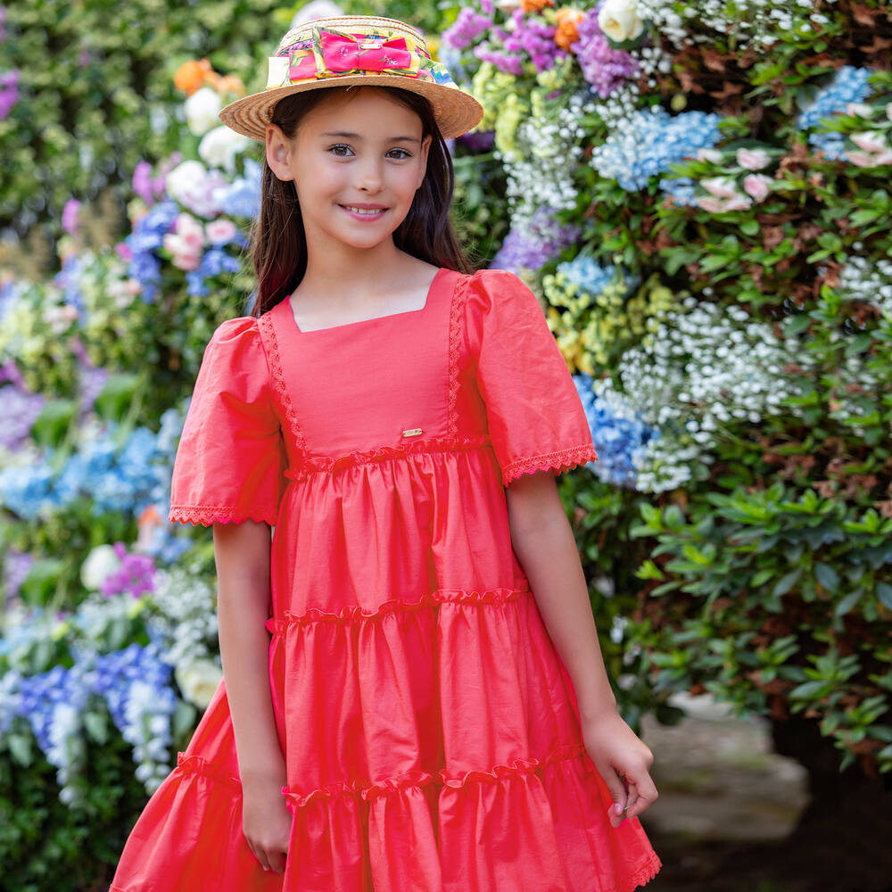 Patachou-Girls Pink Cotton Poplin Tiered Dress | Childrensalon Outlet