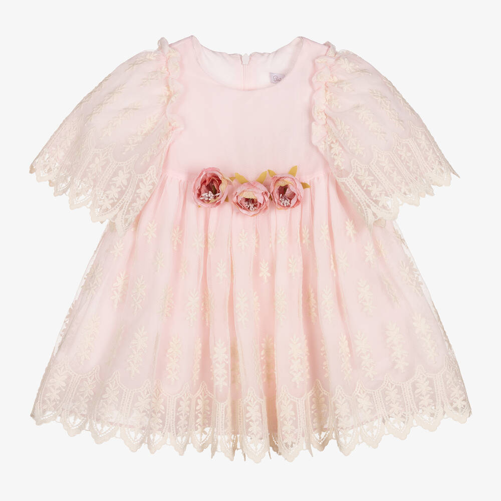 Patachou - Girls Pink Embroidered Tulle Dress | Childrensalon