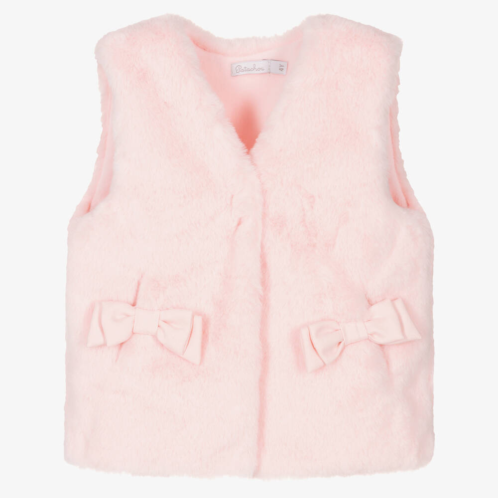 Patachou - Girls Pink Faux Fur Bow Gilet | Childrensalon