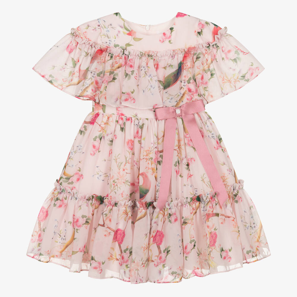 Patachou-Girls Pink Floral Birds Chiffon Dress | Childrensalon Outlet