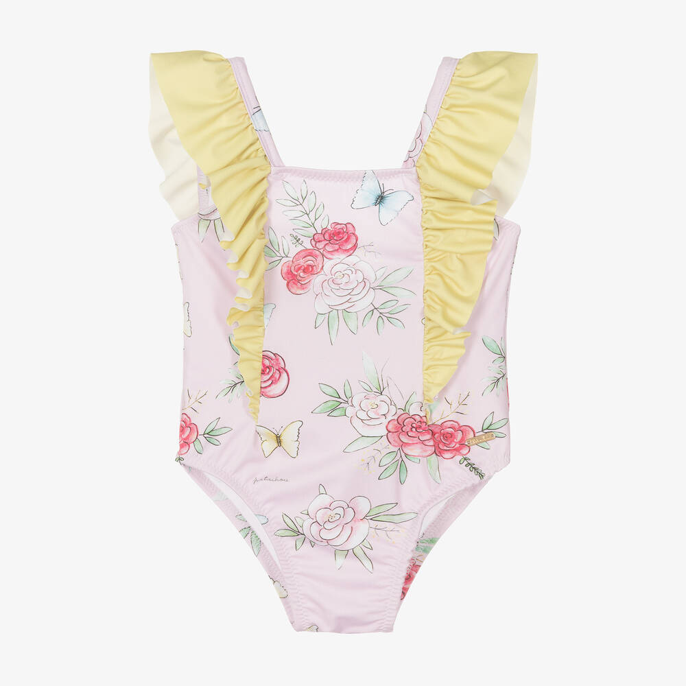Patachou - Girls Pink Floral & Butterfly Print Swimsuit | Childrensalon