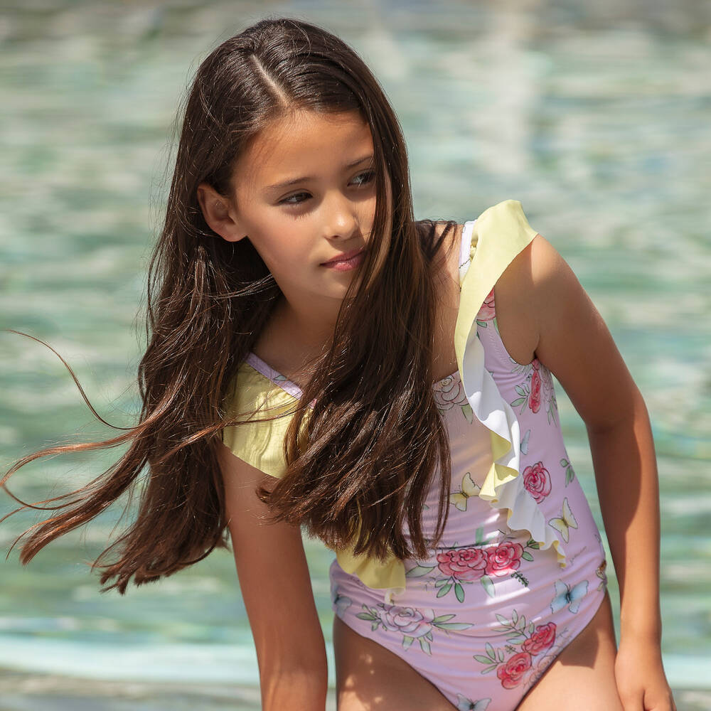 Patachou-Girls Pink Floral & Butterfly Print Swimsuit | Childrensalon Outlet