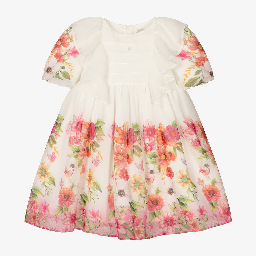 Patachou - Girls Pink Floral Chiffon Pleated Dress | Childrensalon